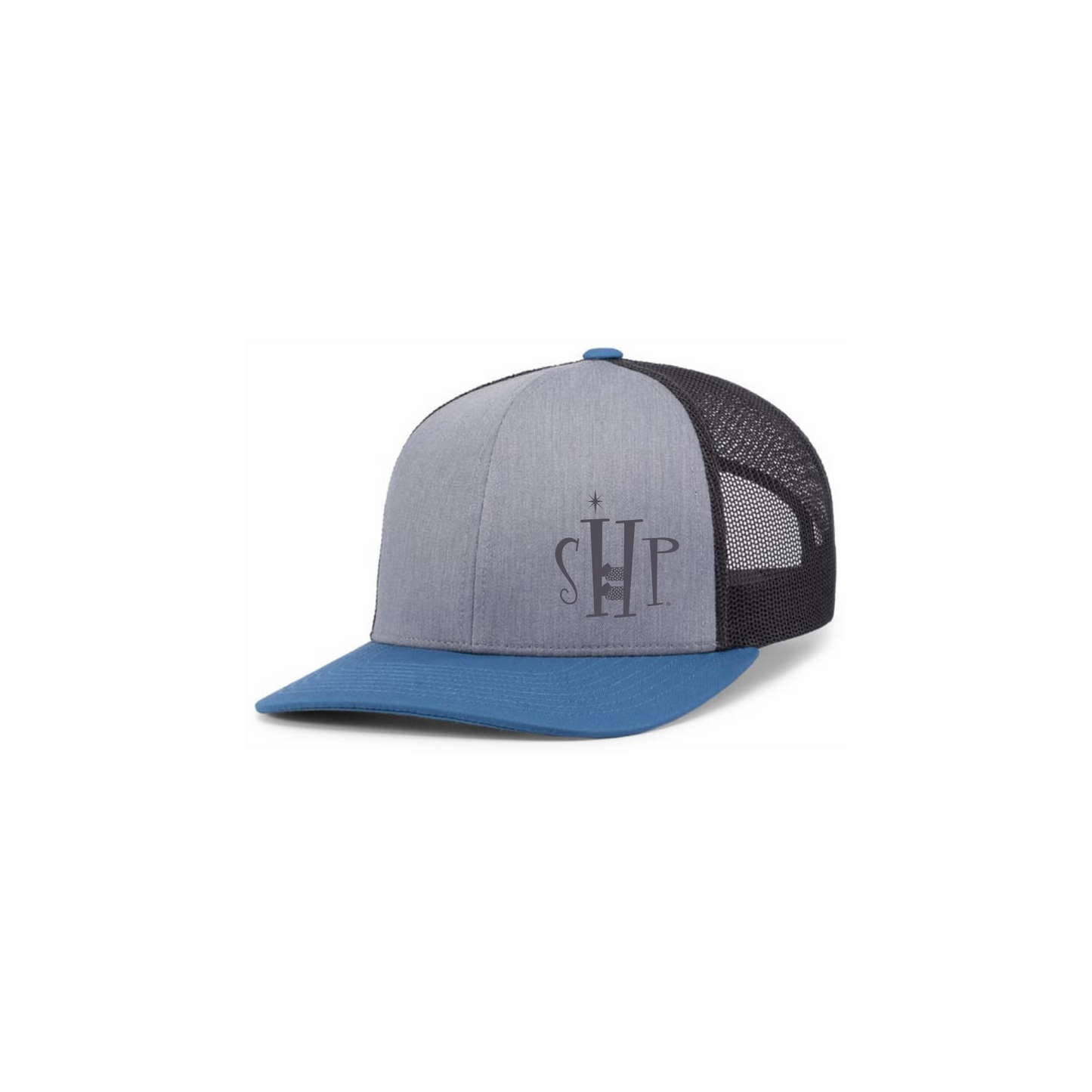 Trucker Snapback Hat w/ Embroidery (OCEAN BLUE/HEATHERY GREY) - SHP Logo