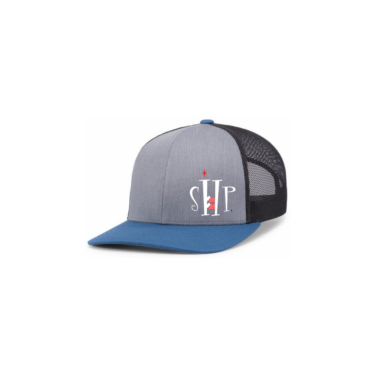 Trucker Snapback Hat w/ Embroidery (OCEAN BLUE/HEATHERY GREY) - SHP Logo