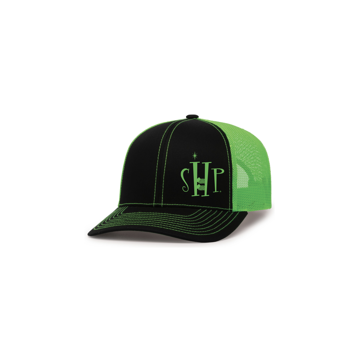 Trucker Snapback Hat w/ Embroidery (BLACK/NEON GREEN) - SHP Logo