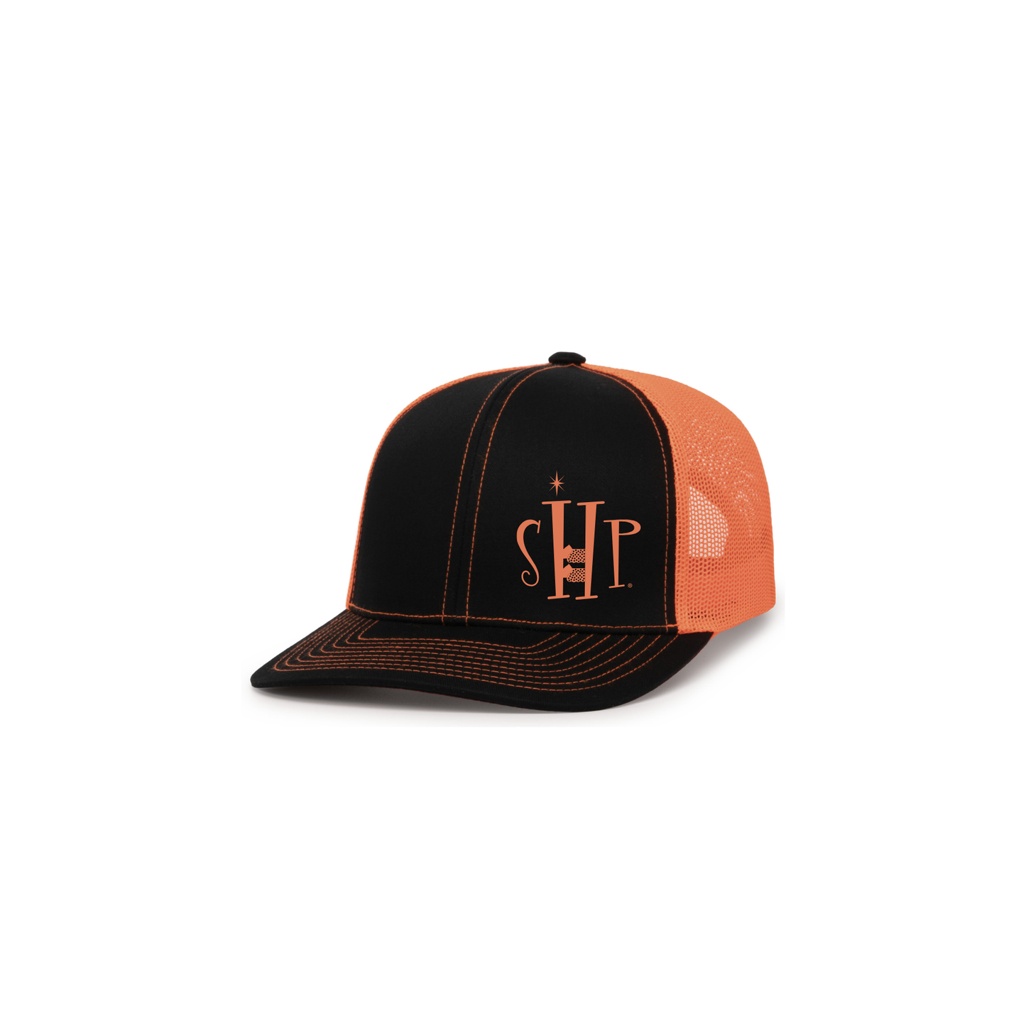 Trucker Snapback Hat (BLACK/NEON ORANGE) w/ Embroidery - SHP Logo