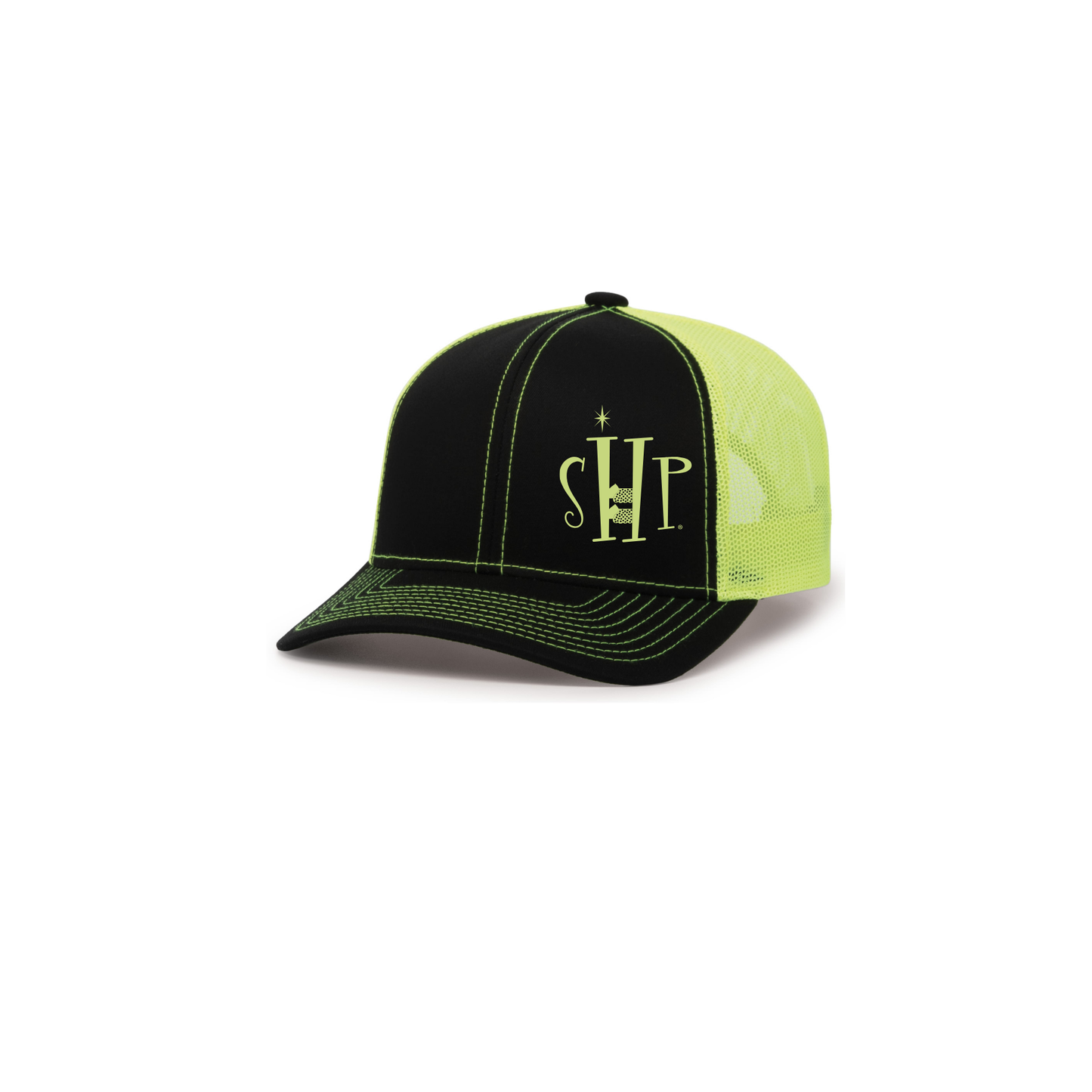 Trucker Snapback Hat (BLACK/NEON YELLOW) w/ Embroidery - SHP Logo