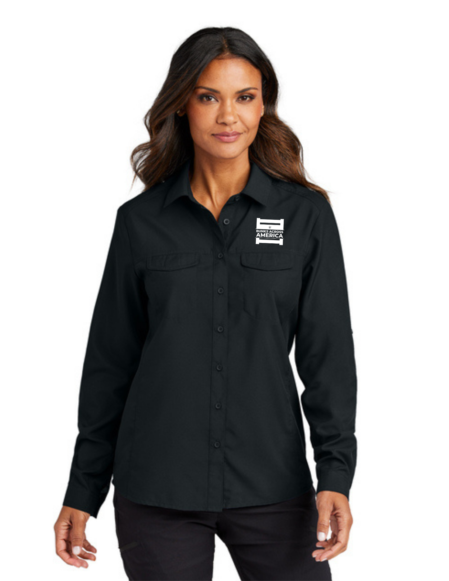 BAA 2026 - WOMEN'S UV Daybreak Shirt Long Sleeve w/ Embroidery - "Official BAA Logo" (DEEP BLACK)