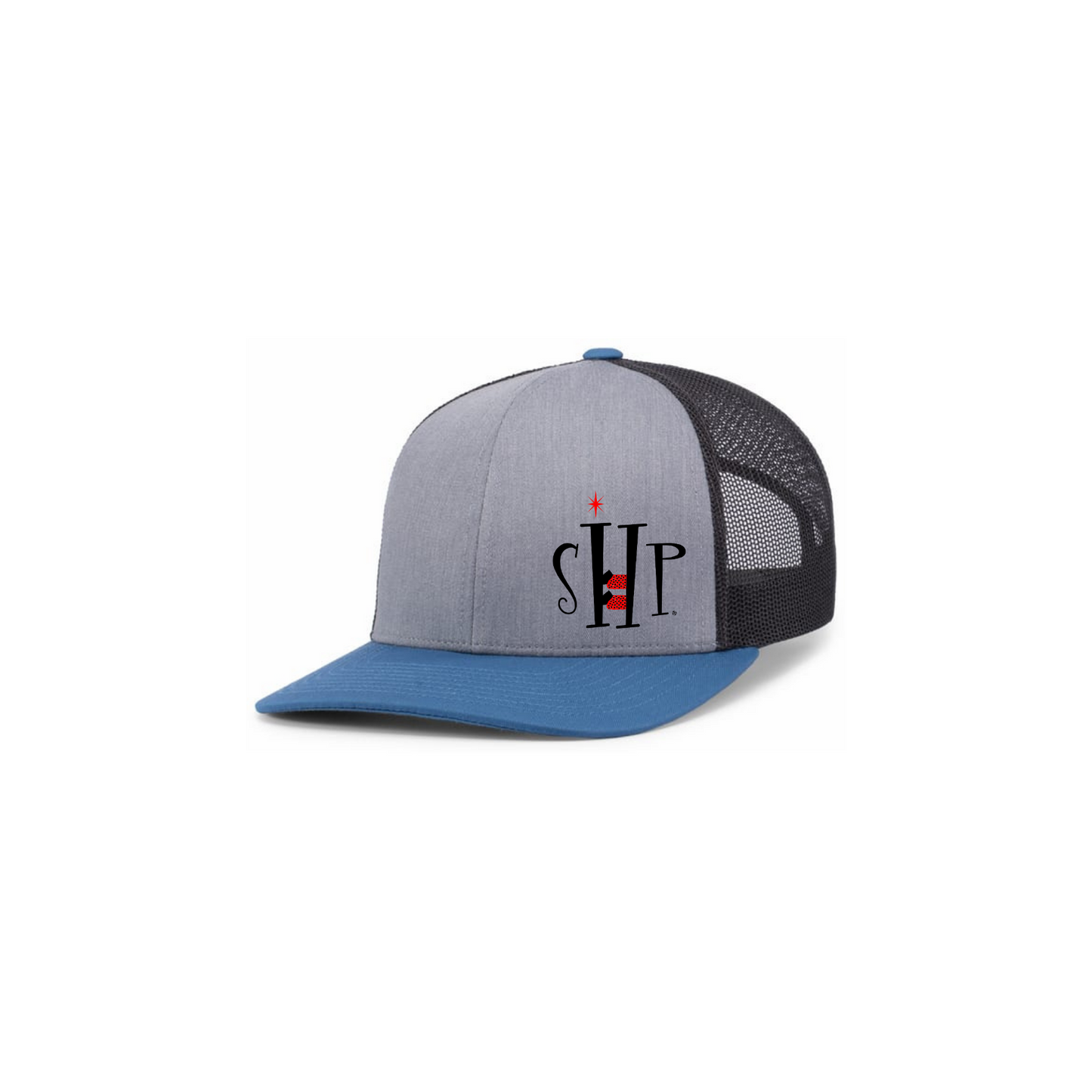 Trucker Snapback Hat w/ Embroidery (OCEAN BLUE/HEATHERY GREY) - SHP Logo