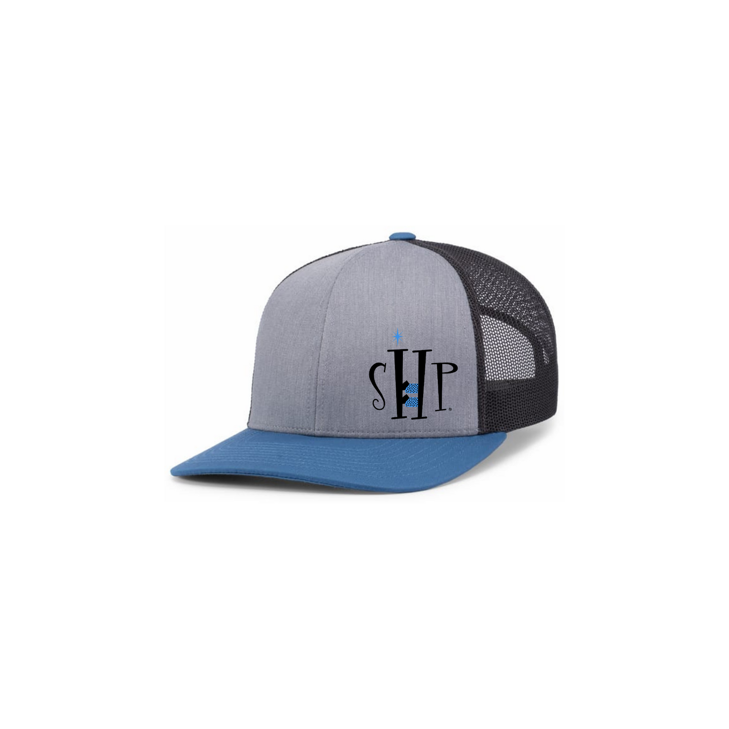 Trucker Snapback Hat w/ Embroidery (OCEAN BLUE/HEATHERY GREY) - SHP Logo