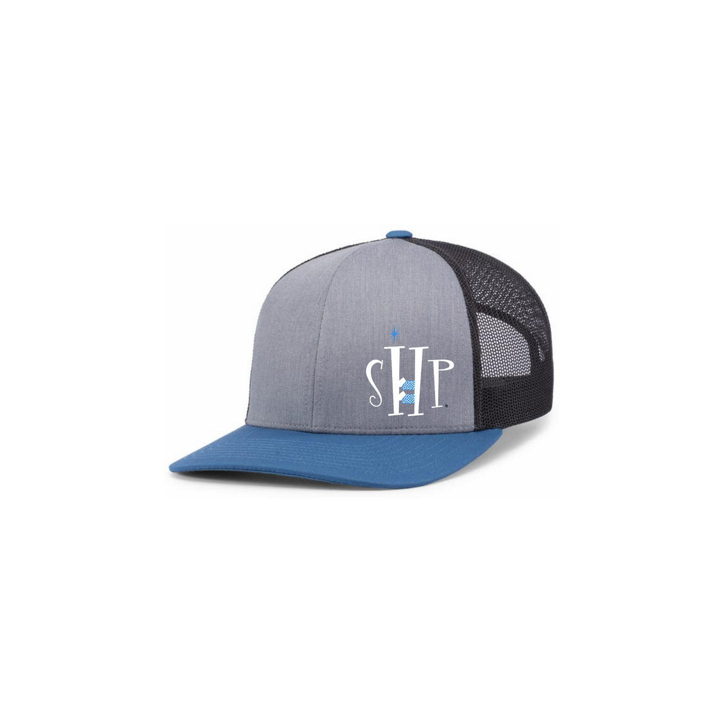 Trucker Snapback Hat w/ Embroidery (OCEAN BLUE/HEATHERY GREY) - SHP Logo