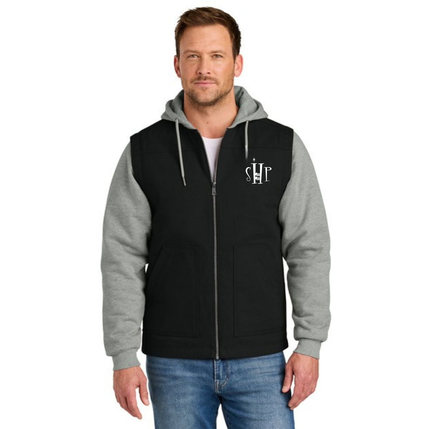 Full Zip - CornerStone Duck Fleece Hooded Jacket (BLACK/HEATHER GREY)