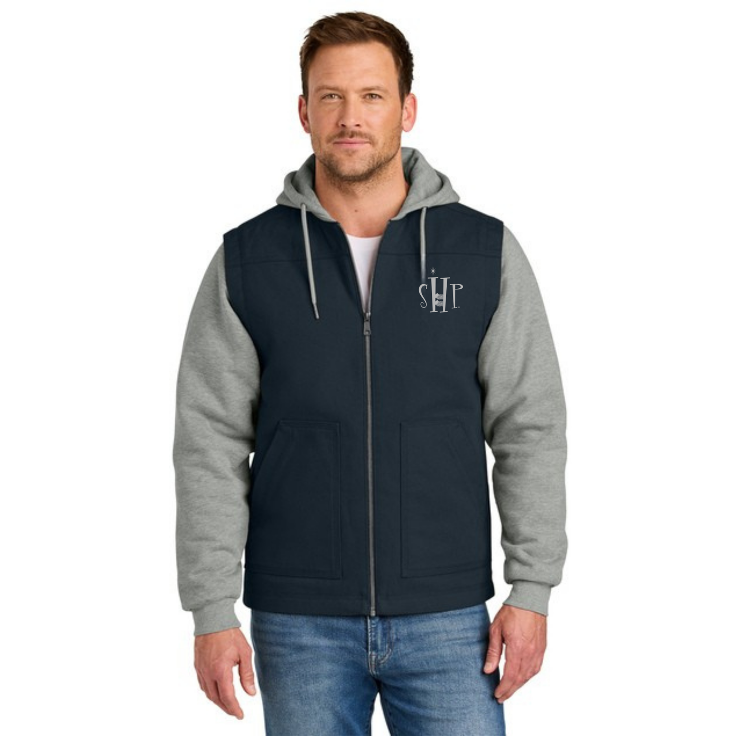 Full Zip - CornerStone Duck Fleece Hooded Jacket (NAVY/HEATHER GREY)